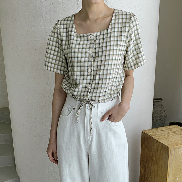 （BL-3860）クロップストリングスクエアネックブラウス