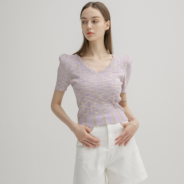 (T-6476)オーロラVネックケーブルニット