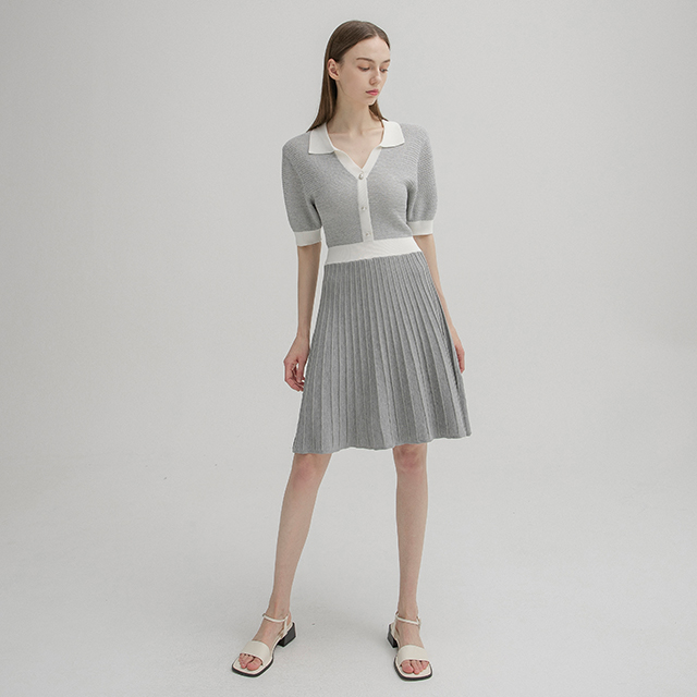 (OP-5935)ツイードオープンカラーニットワンピース