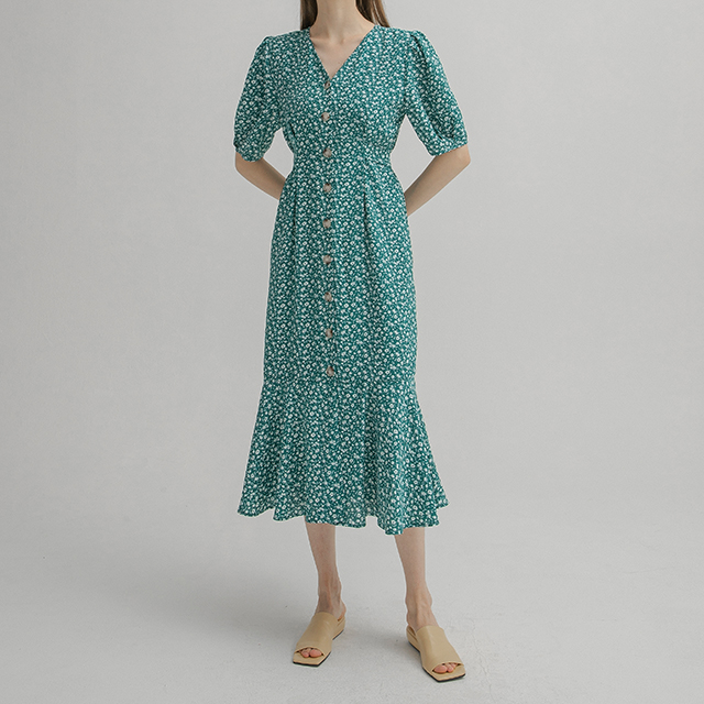 (OP-5945)Vネックパフフローラルワンピース