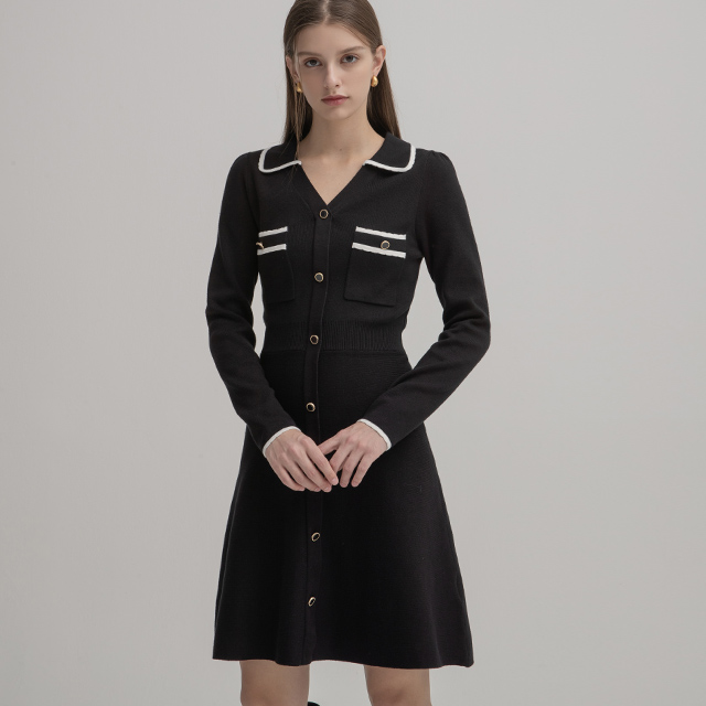 (OP-5968)スカラップオープンカラーニットワンピース