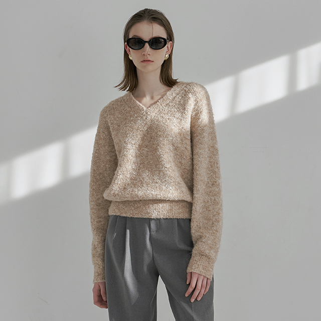 (T-6573)ウールブックルヘアリーレグランルーズフィットニット