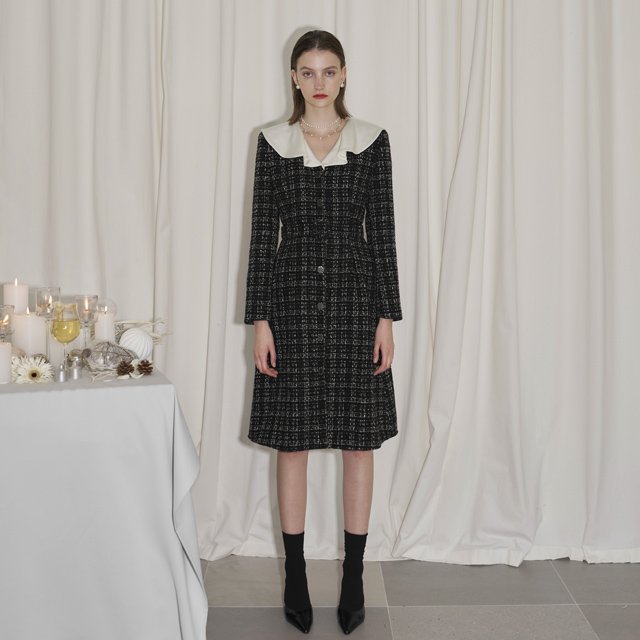 (OP-5999)ココウールツイード配色フリルワンピースS