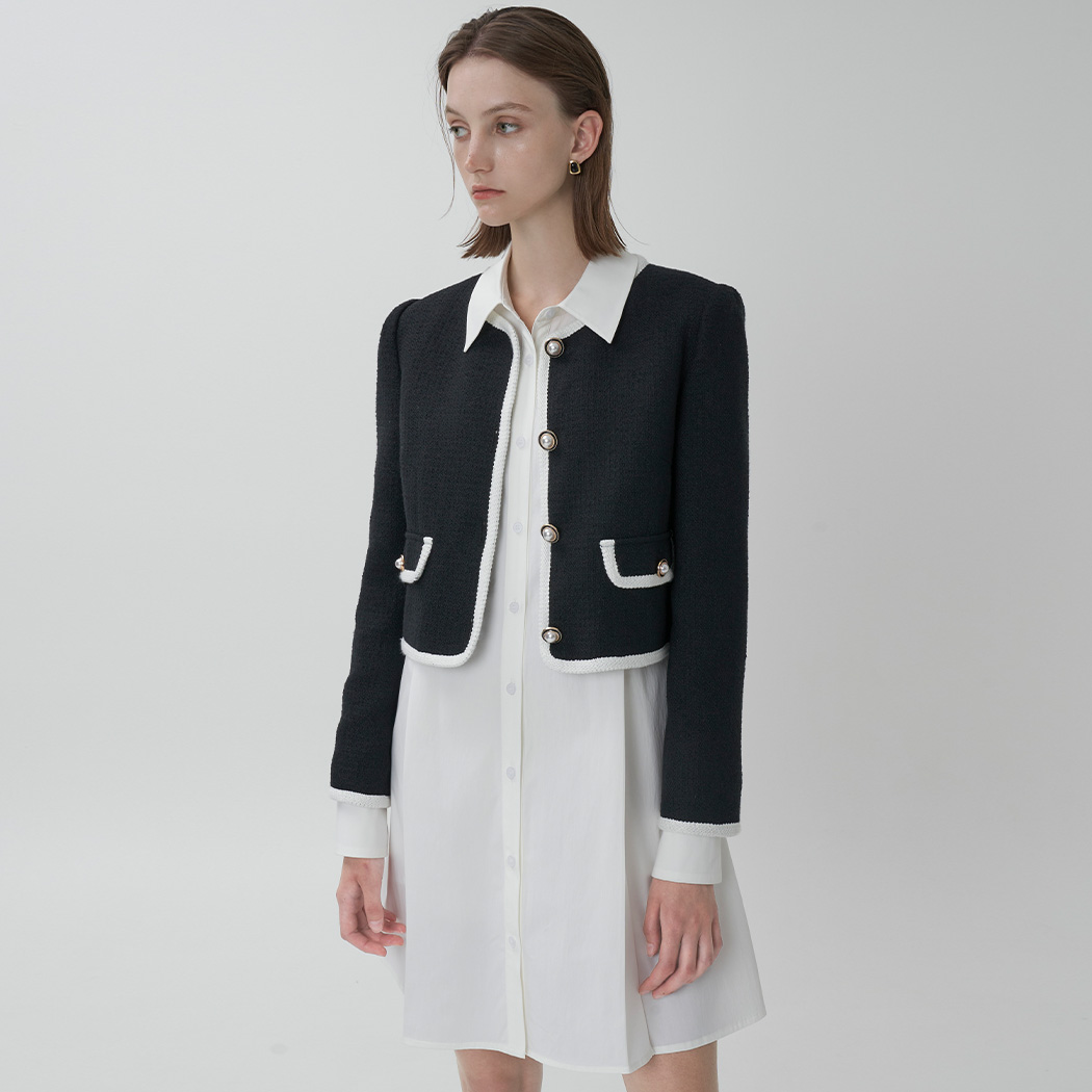 (JK-2810)ウールブレンドフリルネックツイードジャケットS