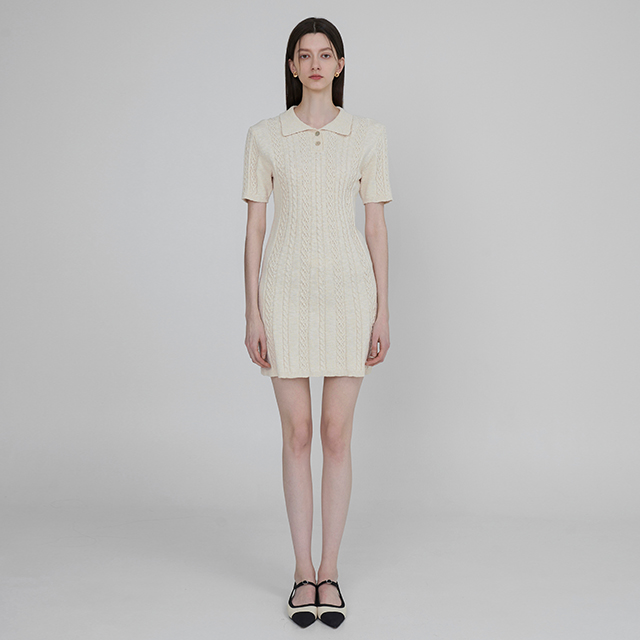 (OP-6012)コットンケーブルカラーネックハーフニットワンピース