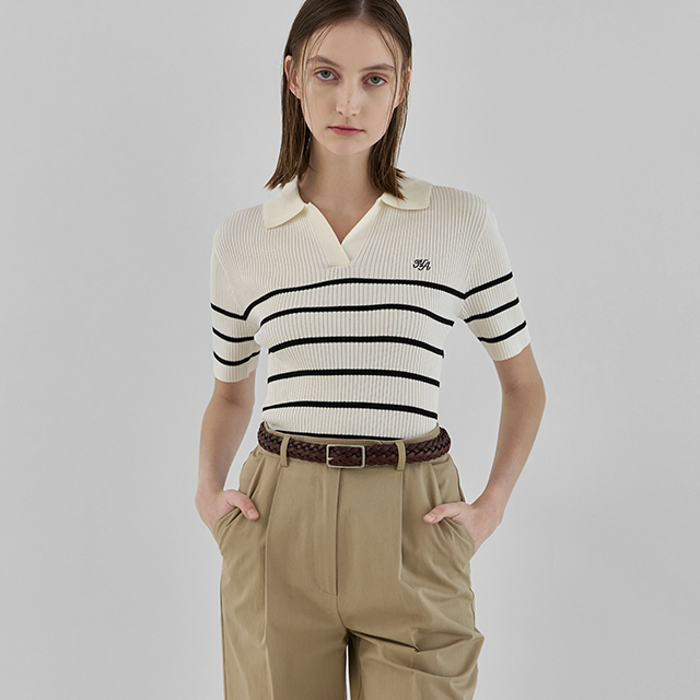 (T-6665)オープンカラーストライプゴルジスリムニット