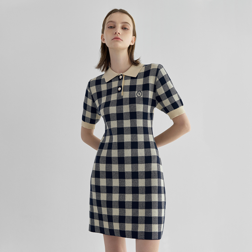 （OP-6054）ドロシーギンガムチェックオープンカラーニットワンピース