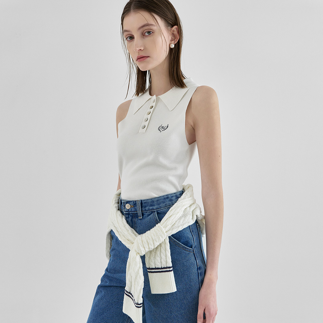 (T-6643)クラッシュ刺繍スリーブレススリムニット