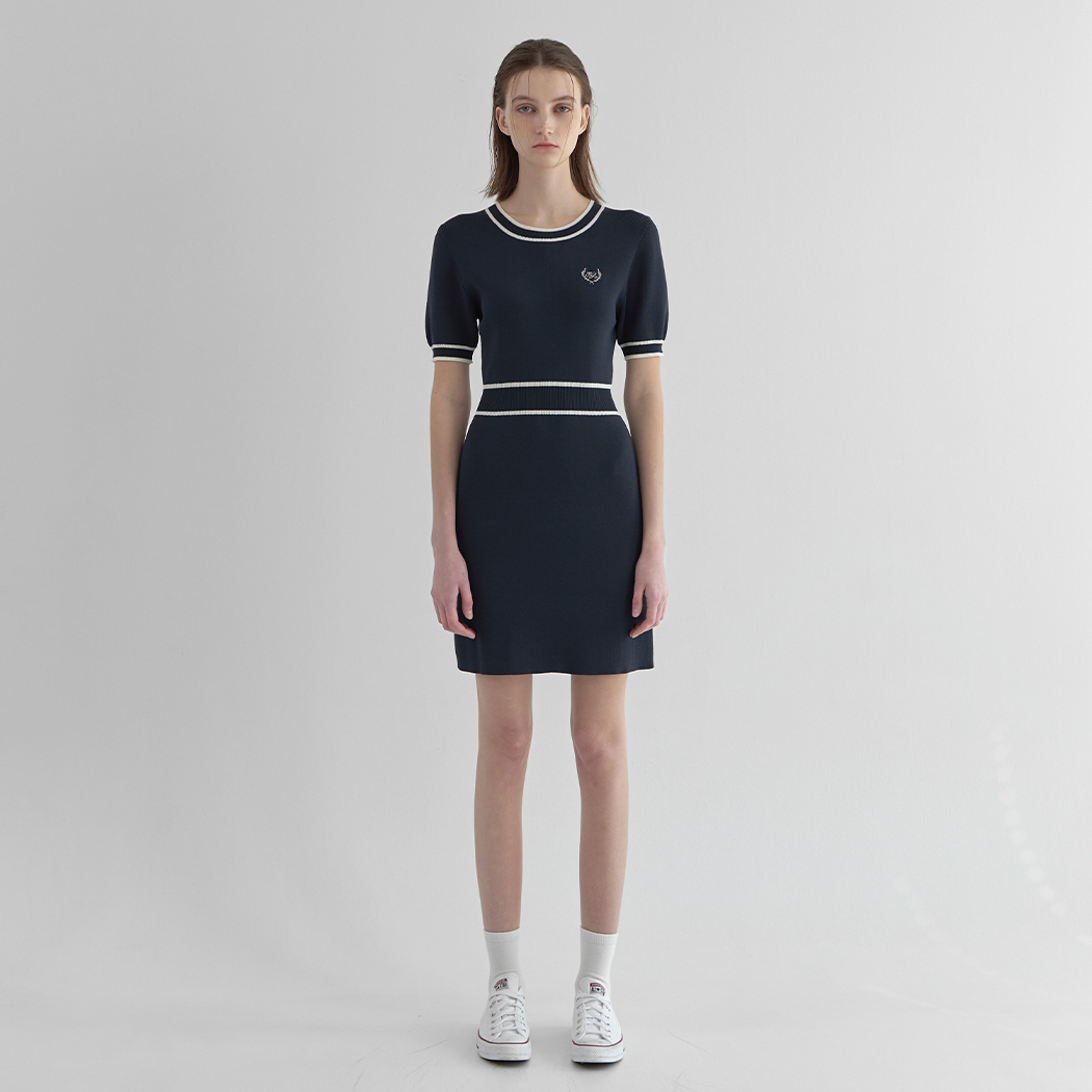 (OP-6057)クラッシュ刺繍配色ラインスリムニットワンピース