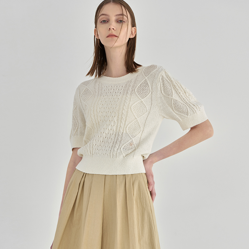 (T-6681)パフスリーブケーブルクロップニット