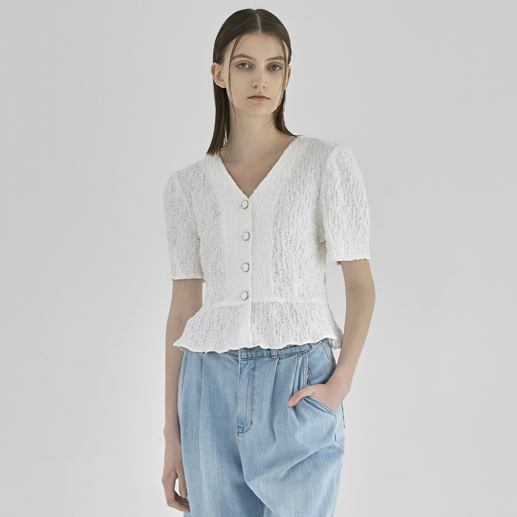 (BL-4148)リンクルVネックペプラムブラウス