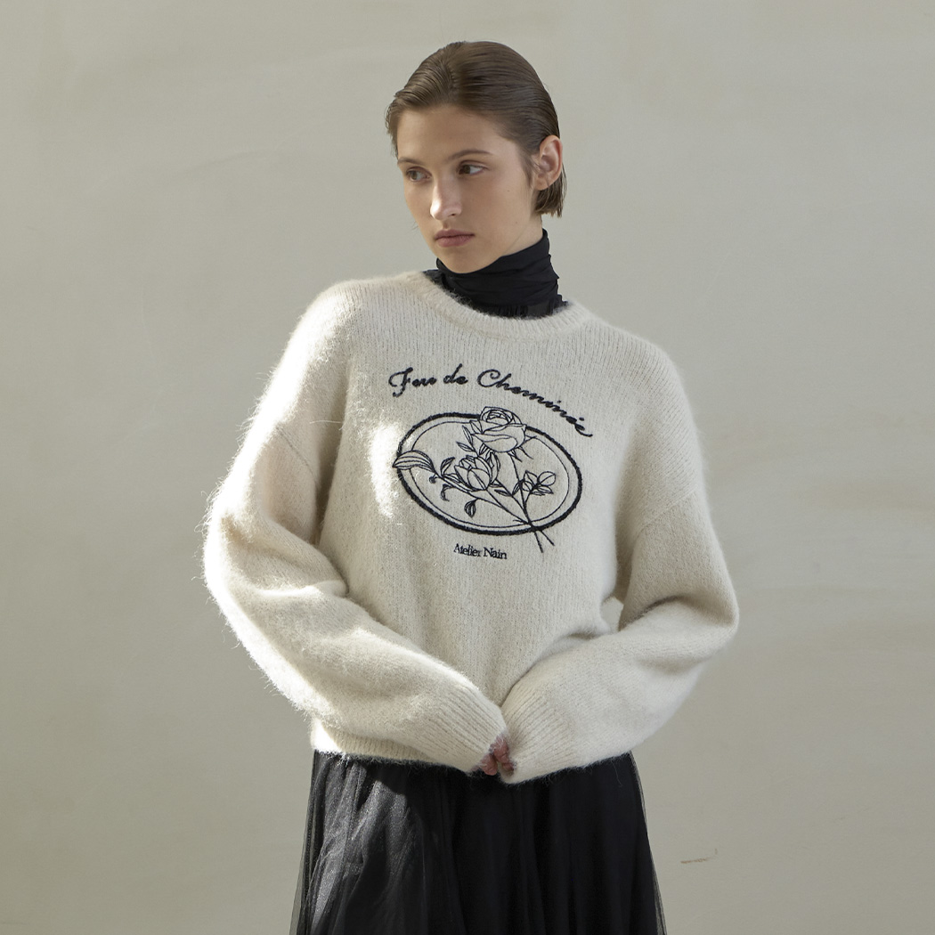 （T-6748）フラワー刺繍オーバーフィットニット