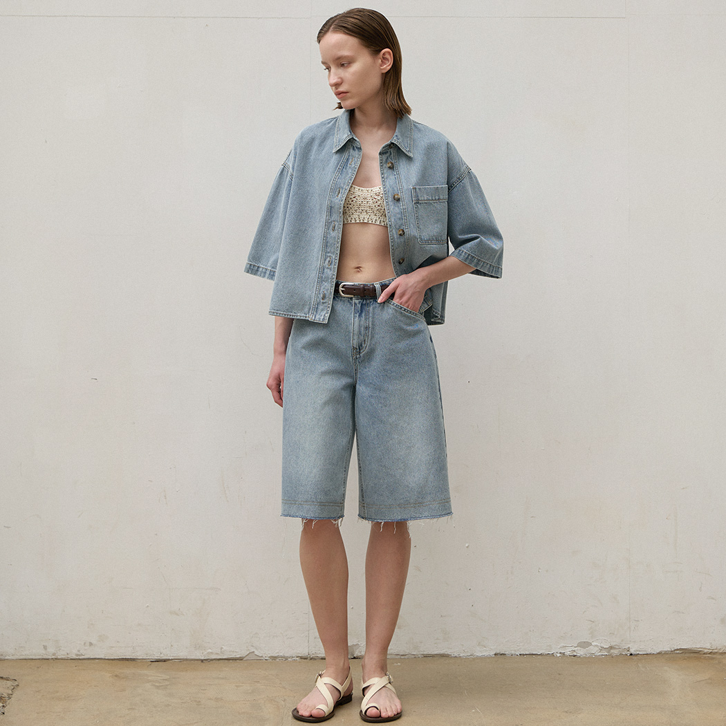 （PT-5546）BOXY SET-UP HALF DENIM PANTS