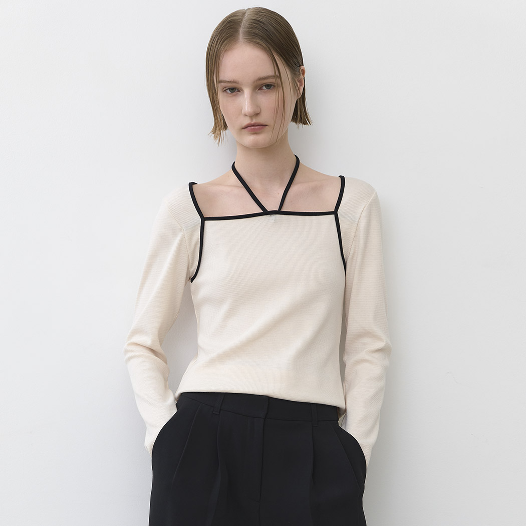 （T-6996）COLOR BLOCK HALTER SLIM TEE