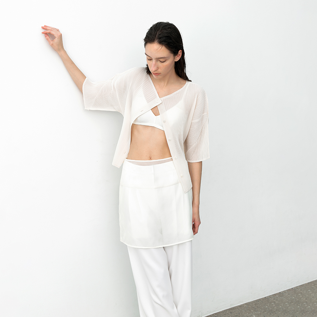 （CD-2229）PLEATS BOAT NECK HALF CARDIGAN