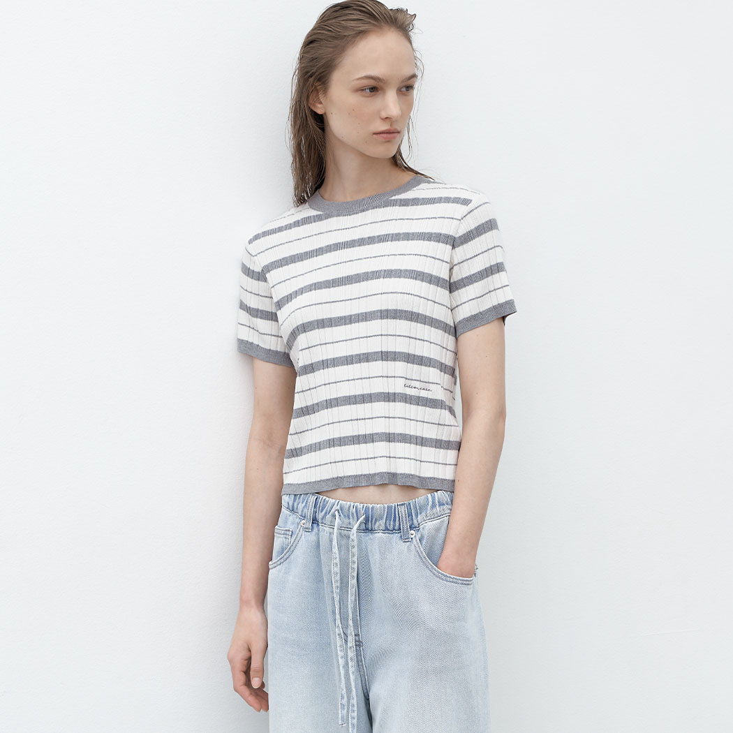 （T-7068）PIE STRIPE ROUND NECK KNIT