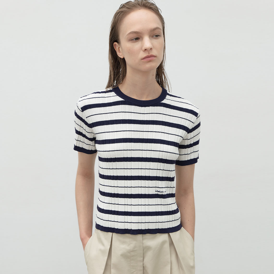 （T-7068）PIE STRIPE ROUND NECK KNIT