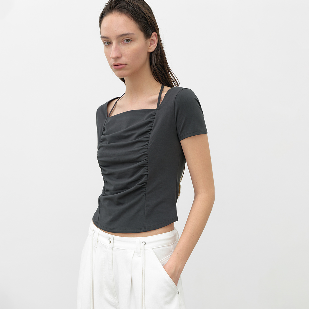 （T-7047）HALTER SQUARE NECK SHIRRING TOP