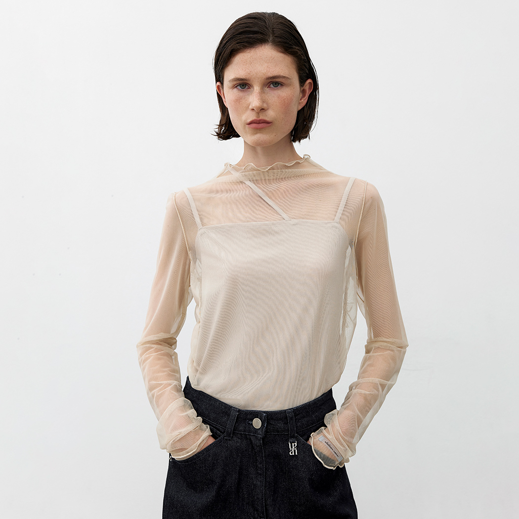 （Z-BL-4290）LAYERD SHIRRING SHEER TEE