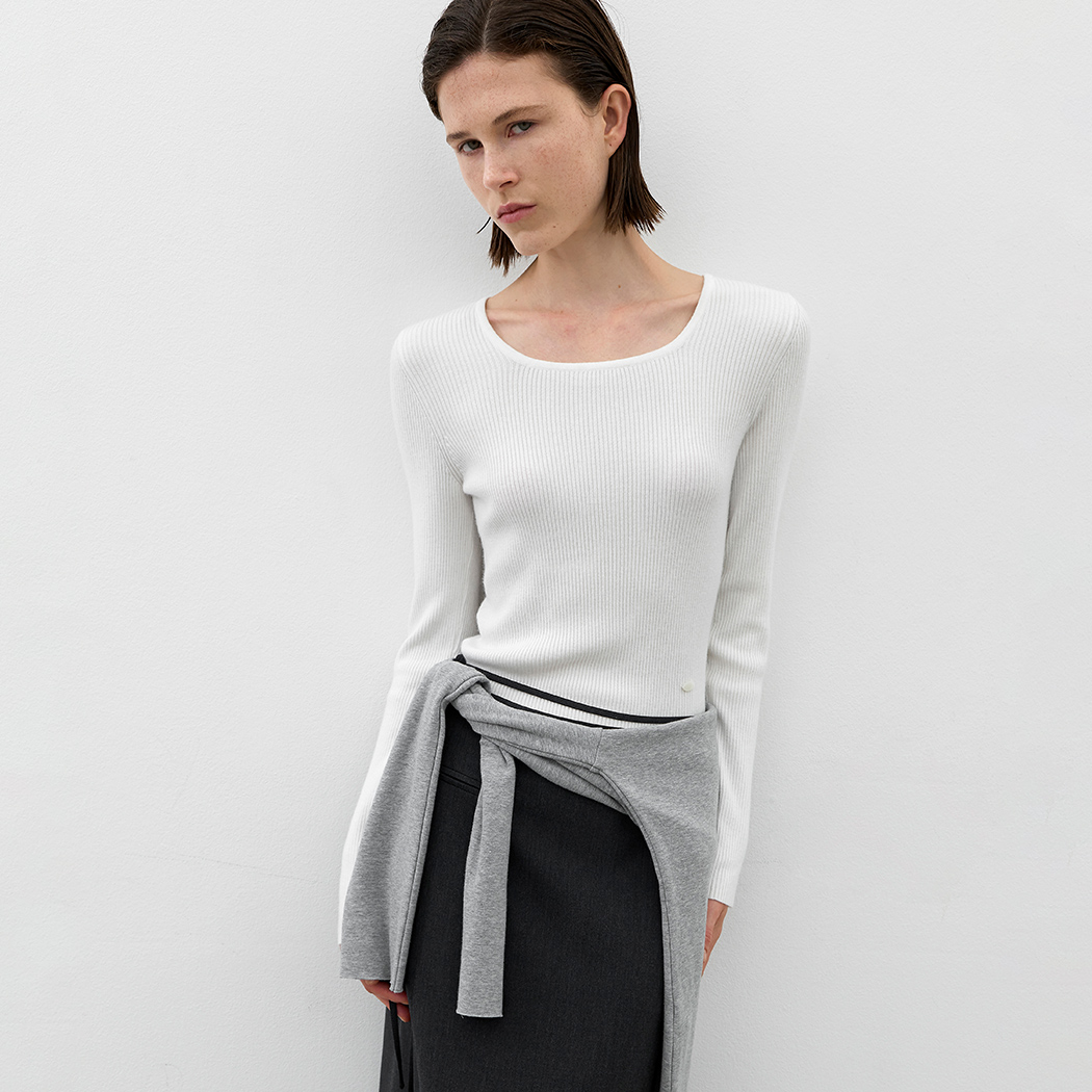 （T-7129）ESSENTIAL SQUARE NECK RIBBED KNIT
