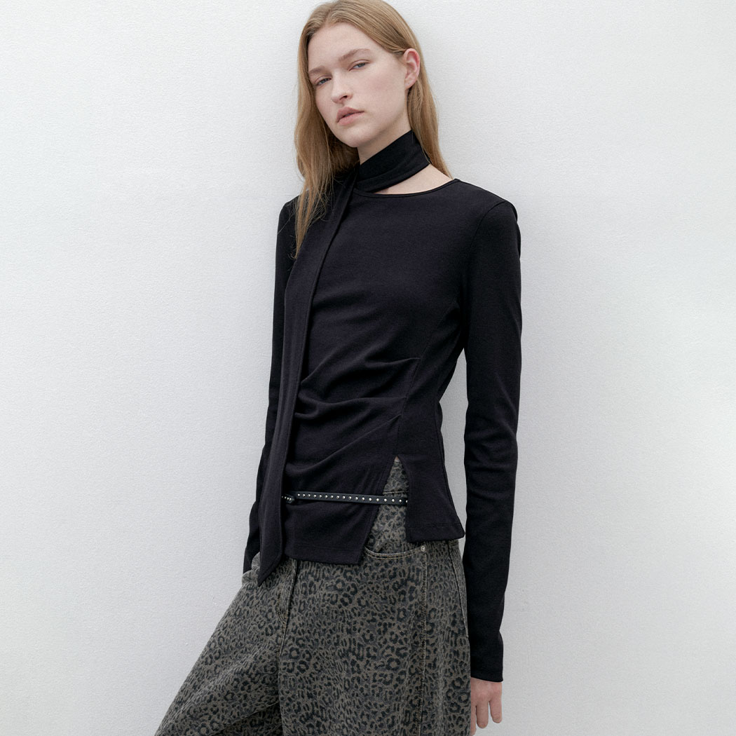 （T-7084）TIE WAIST TUCK LONG SLEEVE S