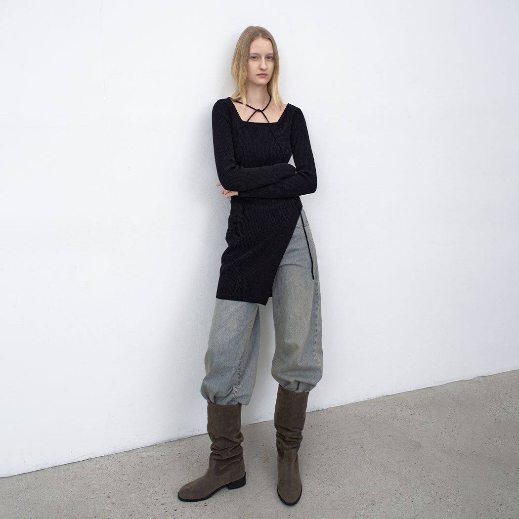 （T-7141）VELVET RIBBED STRAP LONG SLIM KNIT