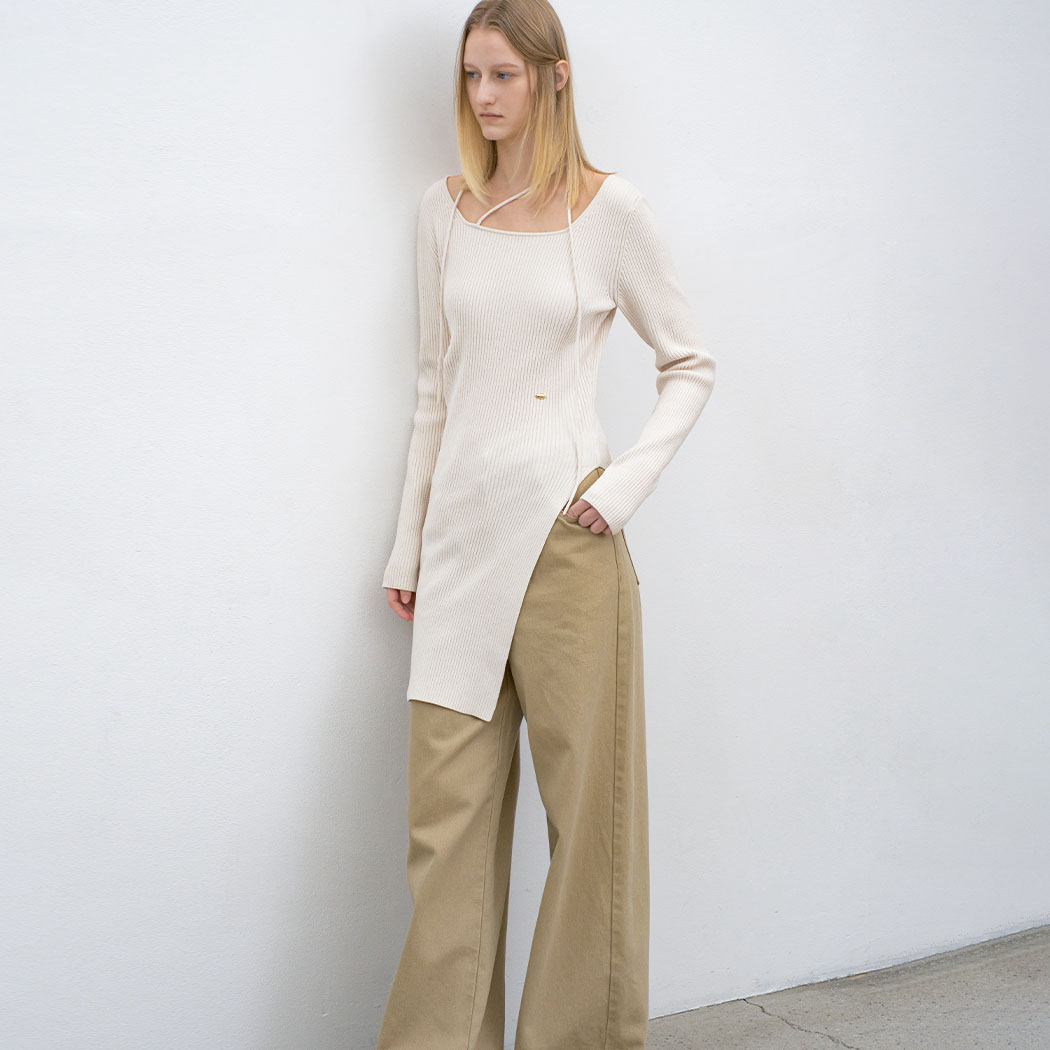 （T-7141）VELVET RIBBED STRAP LONG SLIM KNIT