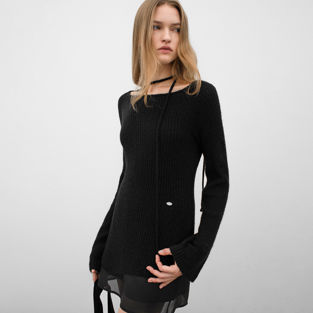 （T-7123）UNBALANCED NECK STRING WOOL KNIT