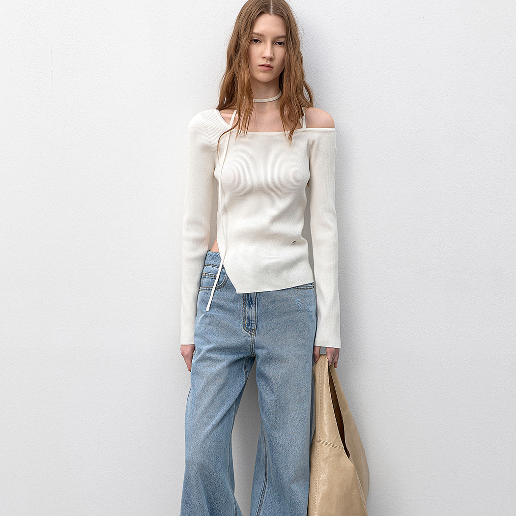（T-7180）ONE OFF SHOULDER STRAP SLIM FIT KNIT