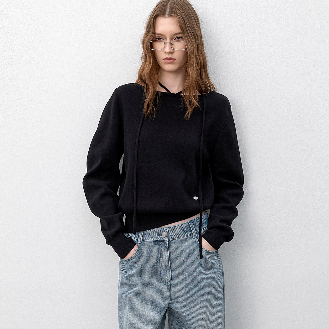 （T-7178）STRING BOAT NECK VOLUME KNIT S