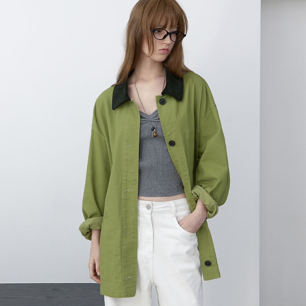 （CT-1478）STITCH COUDUROY COLLAR OLIVE JACKET