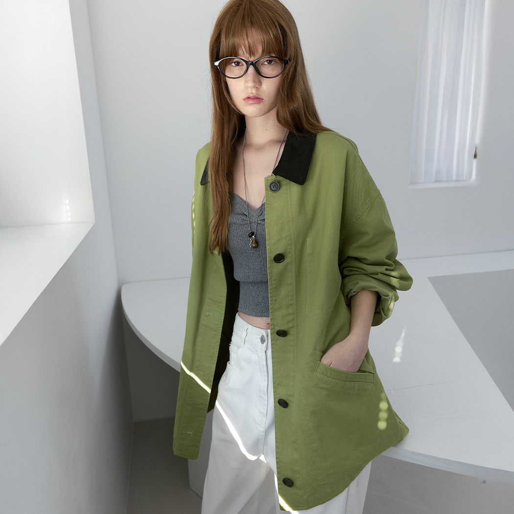 （CT-1478）STITCH COUDUROY COLLAR OLIVE JACKET