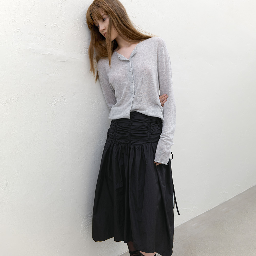 (SK-5092)UNBALANCED SHIRRING MIDI SKIRT