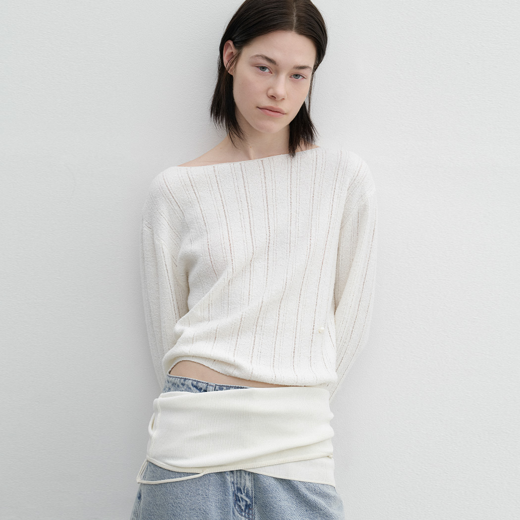 （T-7183）AN BOUCLE CROP BOAT NECK KNIT