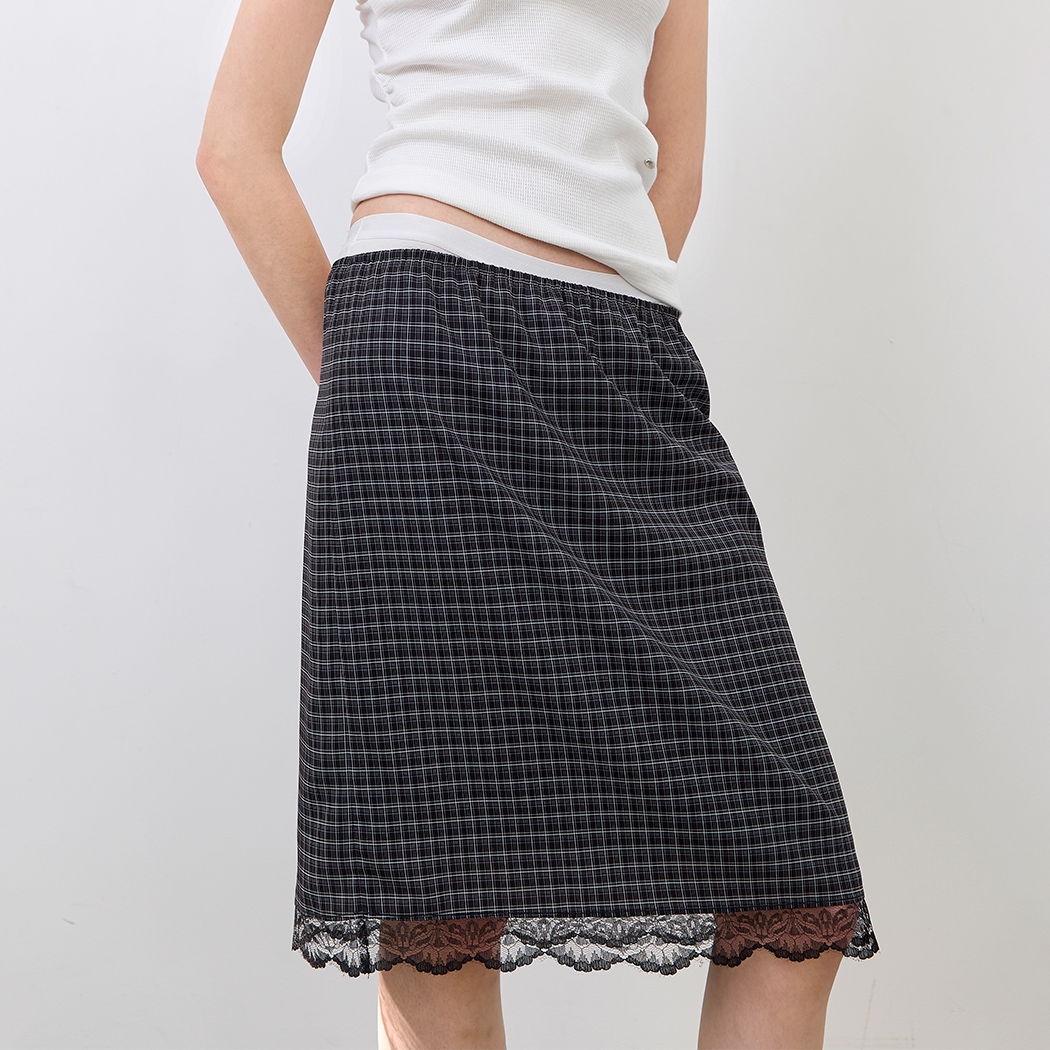 （SK-5102）CHECK LACE TAPE BANDING MIDI SKIRT