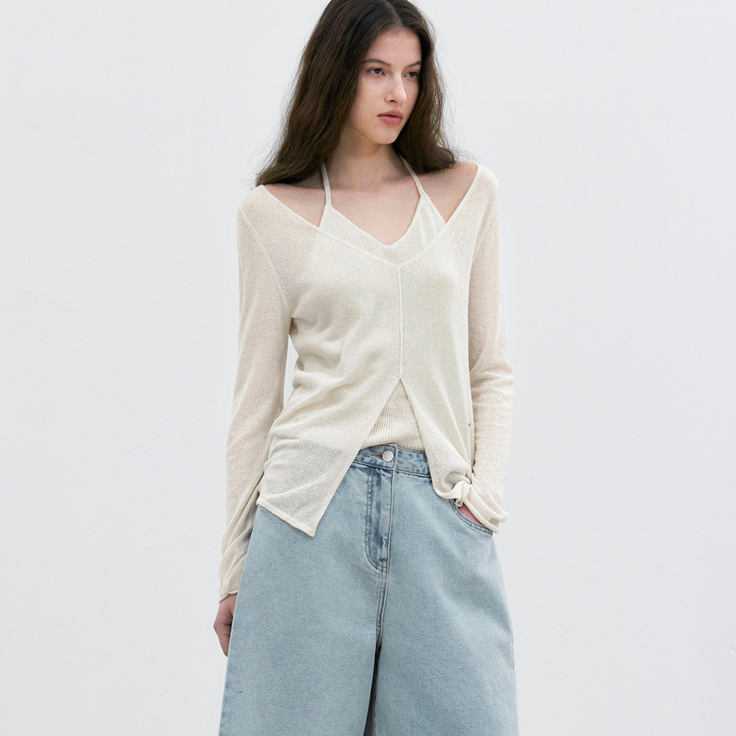 （T-7241）SUMMER BOUCLE LAYERD HALTER NECK KNIT TOP