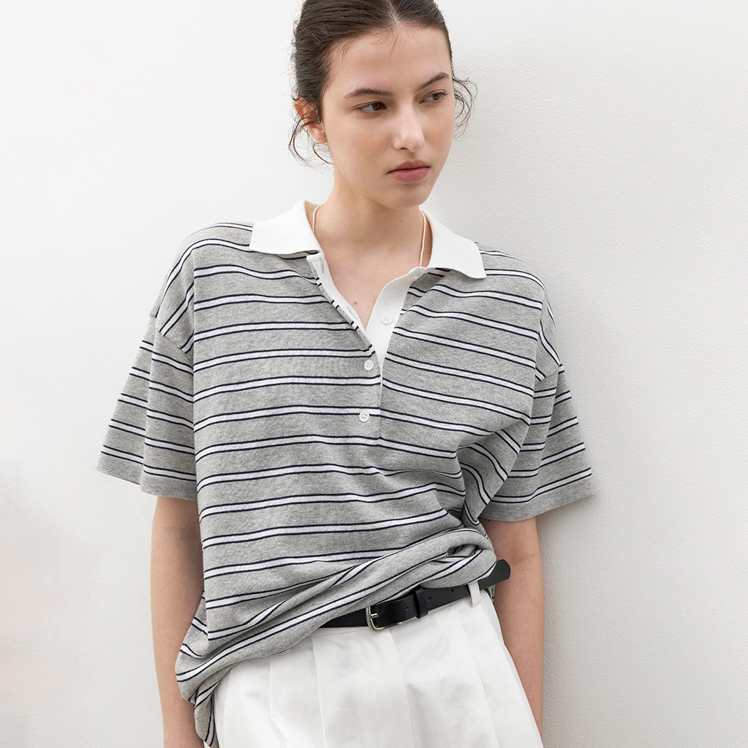 （T-7242）LOOSE FIT HALF SLEEVE STRIPED POLO KNIT