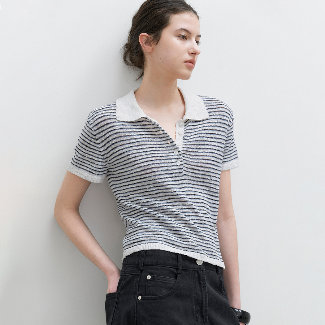 （T-7244）BOUCLE COLLAR STRIPED KNIT