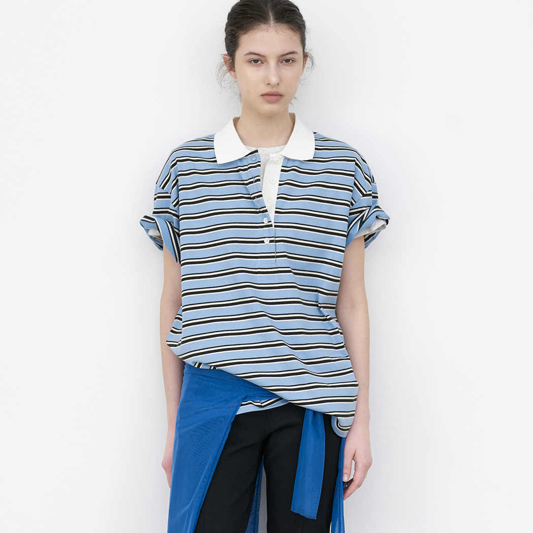 （T-7213）KNIT COLLAR STRIPE BOXY TEE
