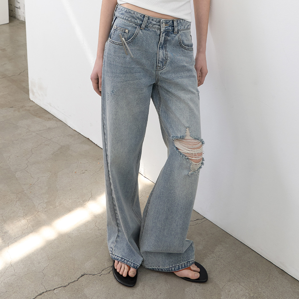 （PT-5793）DESTROYED WASHED WIDE DENIM