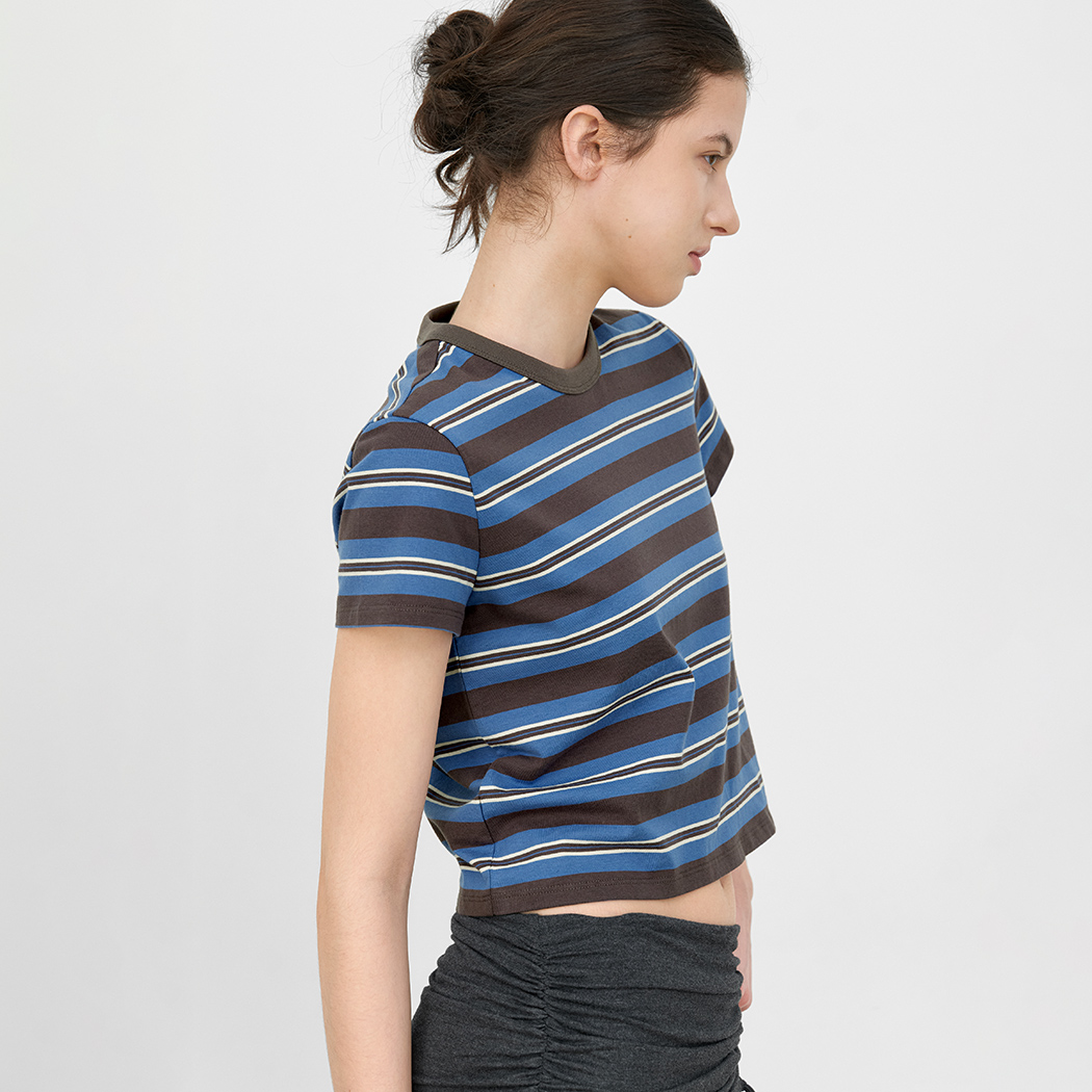 （T-7162）MULTI STRIPE SEMI CROP SLIM TEE