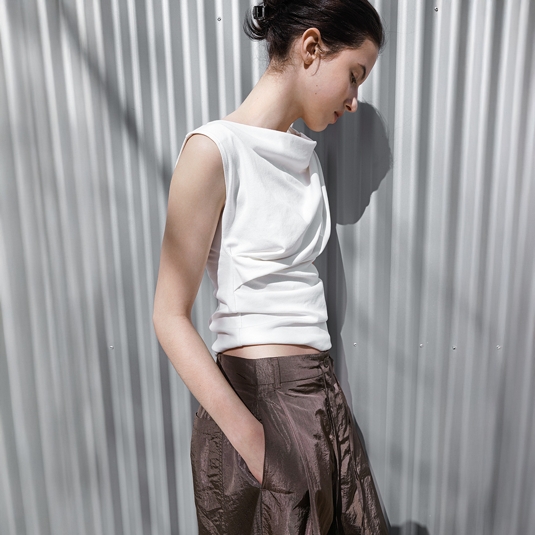 （T-7205）ONE SHOULDER DRAPE SLEEVELESS