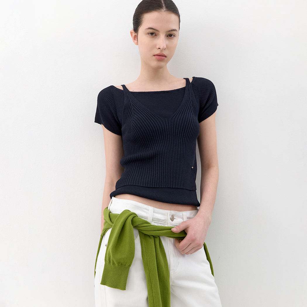 (T-7237)OFF SHOULDER V-NECK LAYERD KNIT TOP