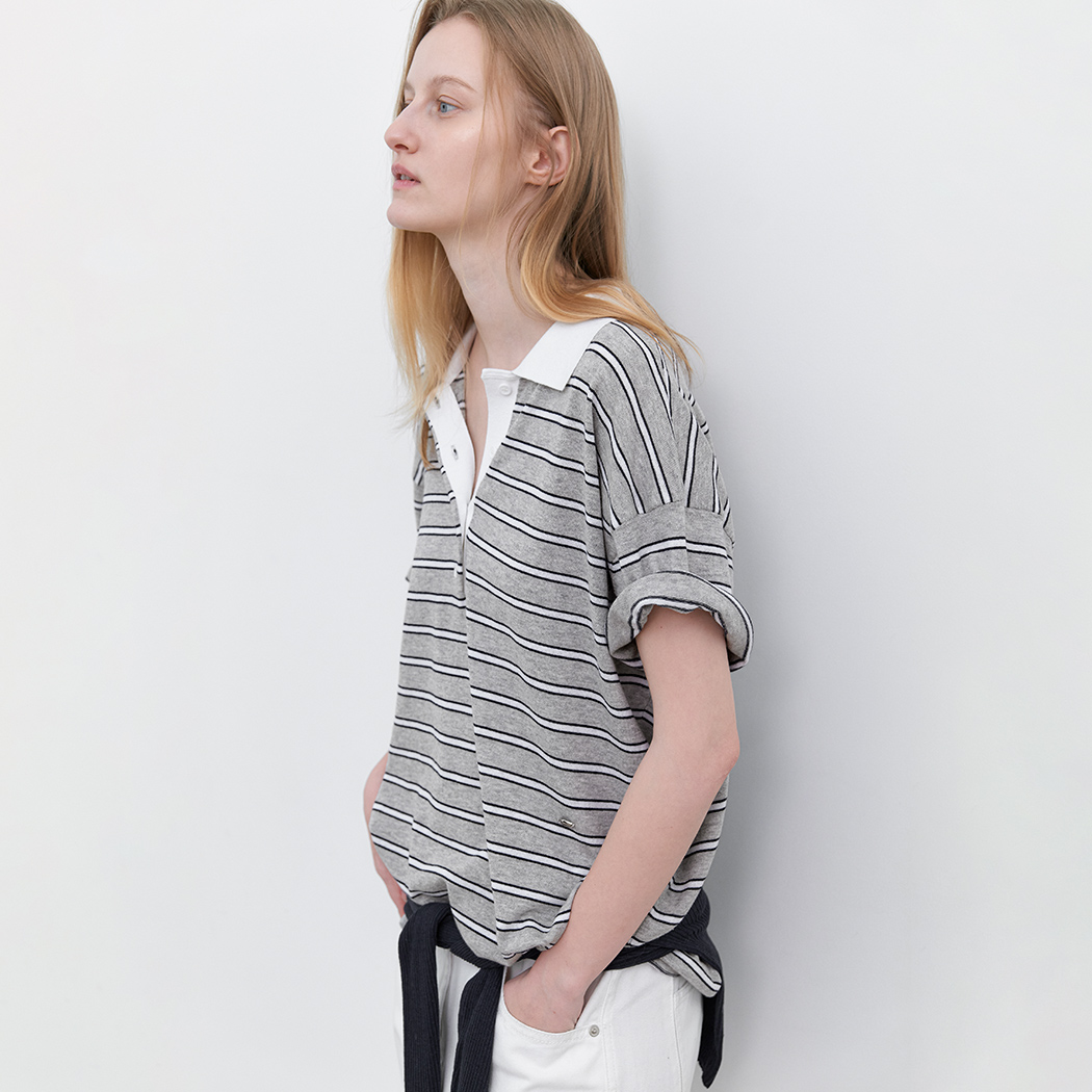 （T-7242）LOOSE FIT HALF SLEEVE STRIPED POLO KNIT