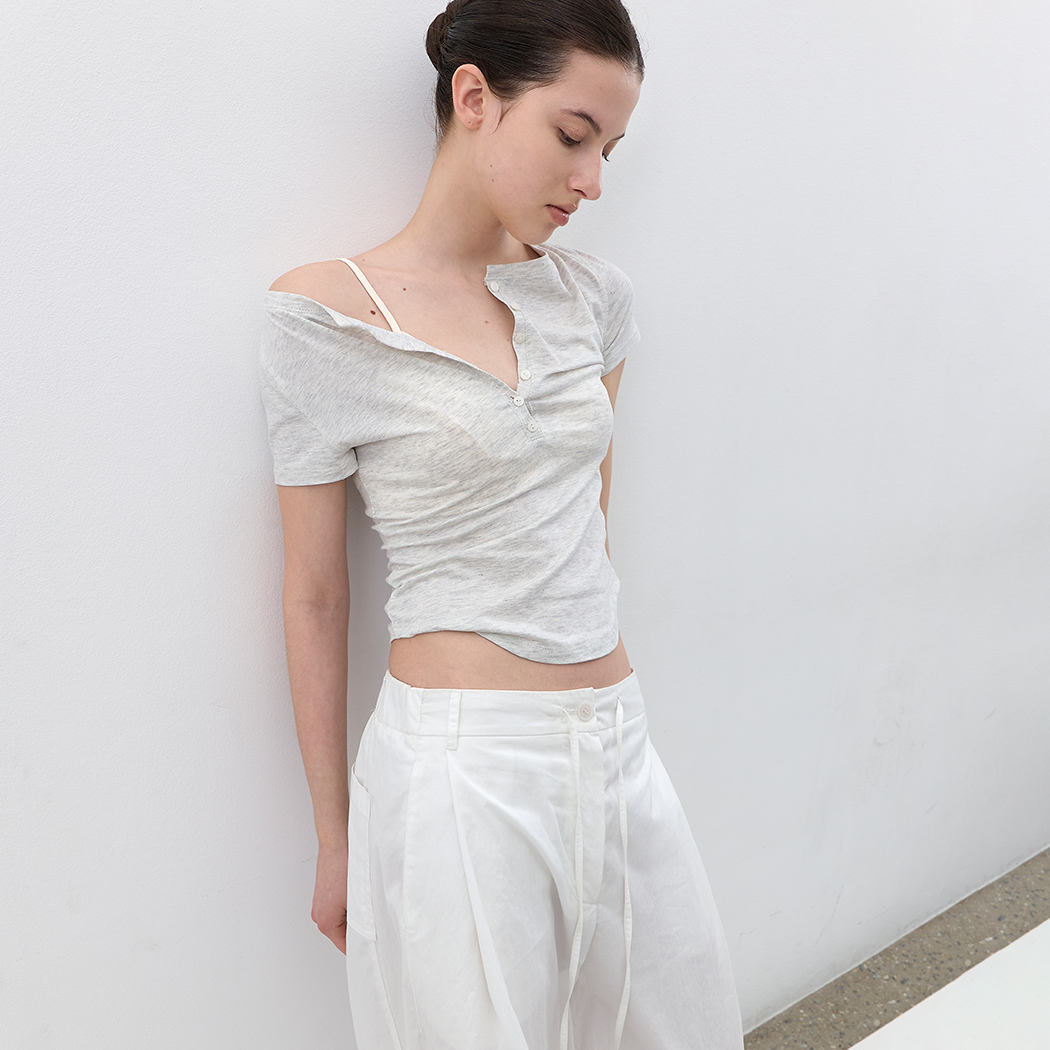 （T-7264）AN BOATNECK BUTTON UP SLIM HALF T