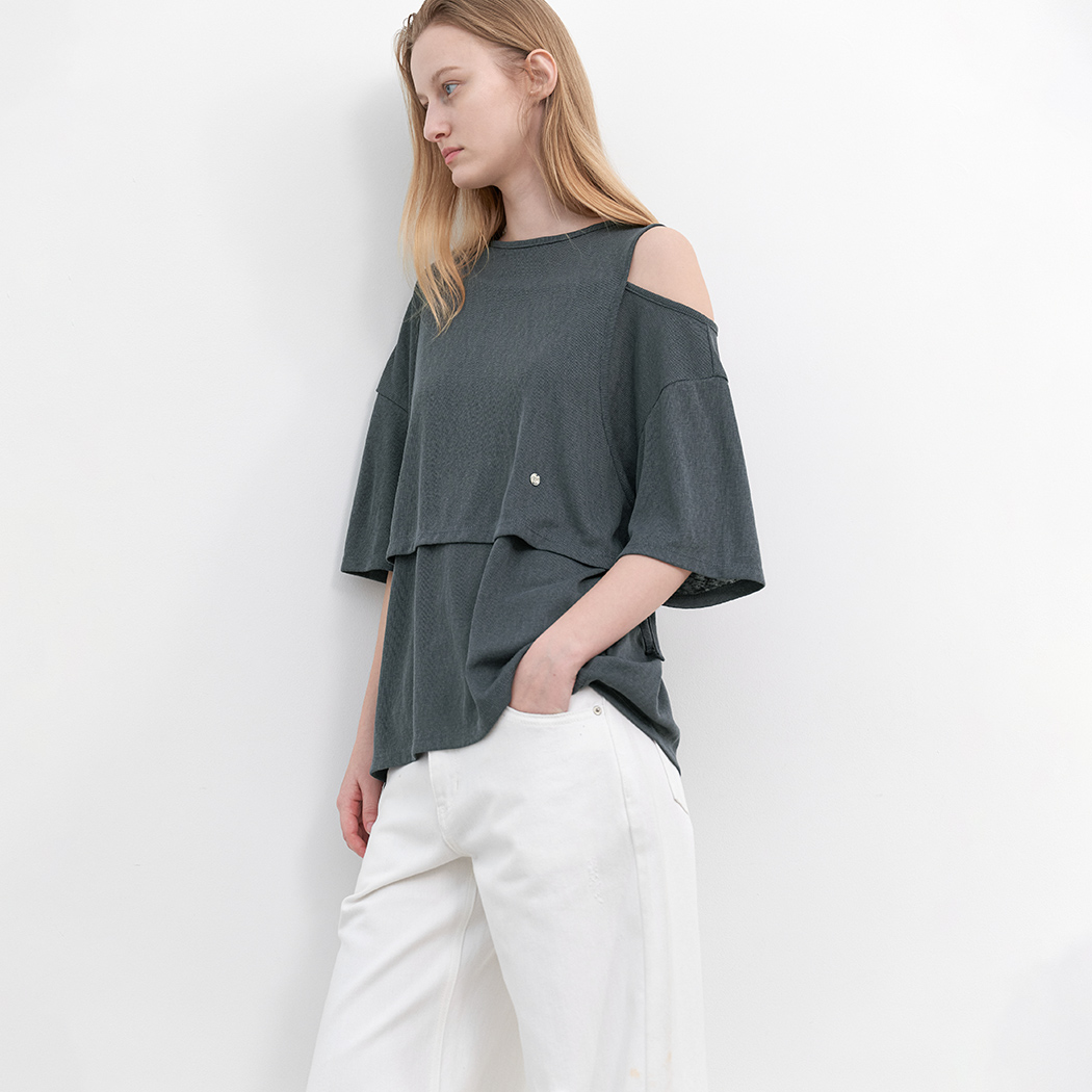 （T-7203）LAYERD ONE SHOULDER TEE