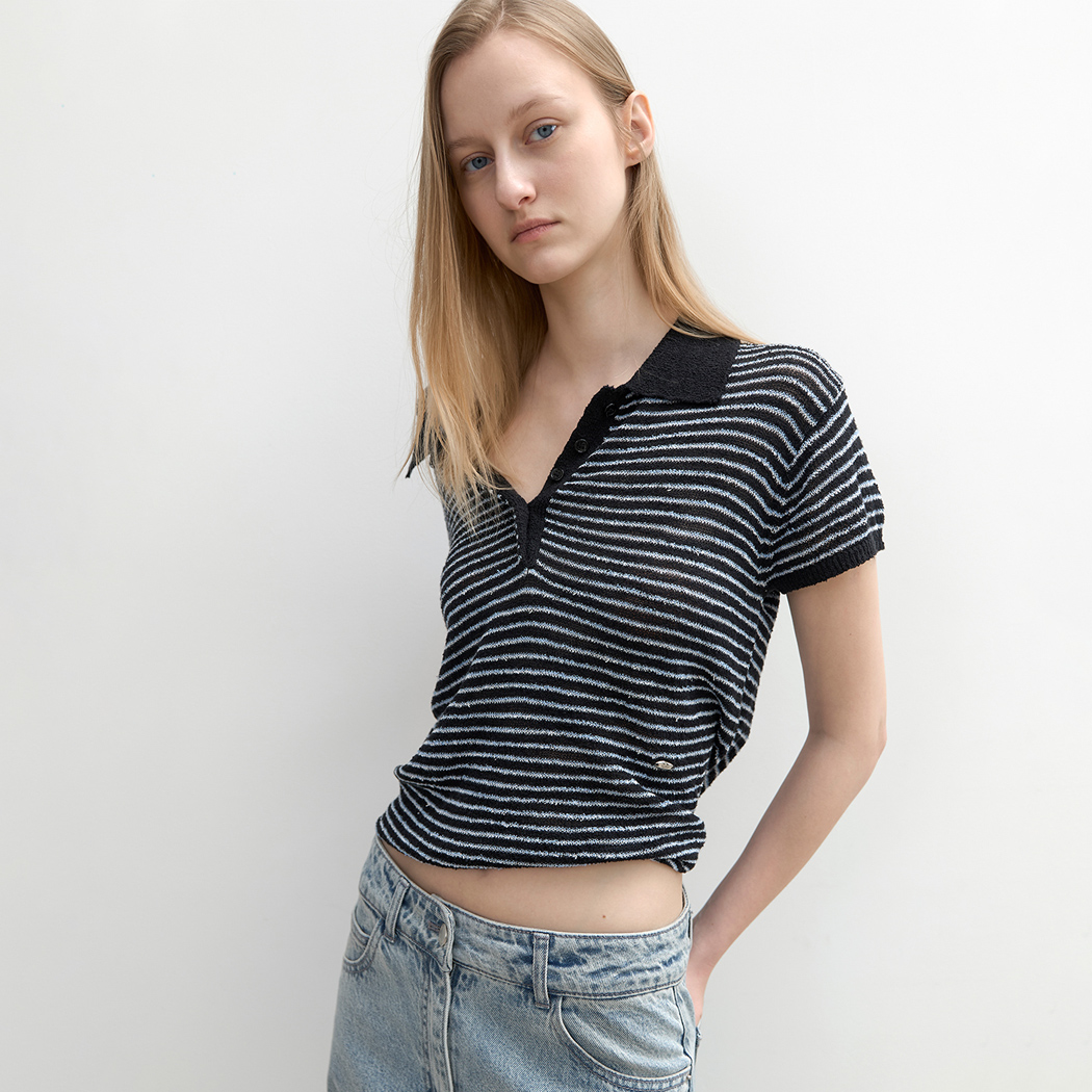 （T-7244）BOUCLE COLLAR STRIPED KNIT