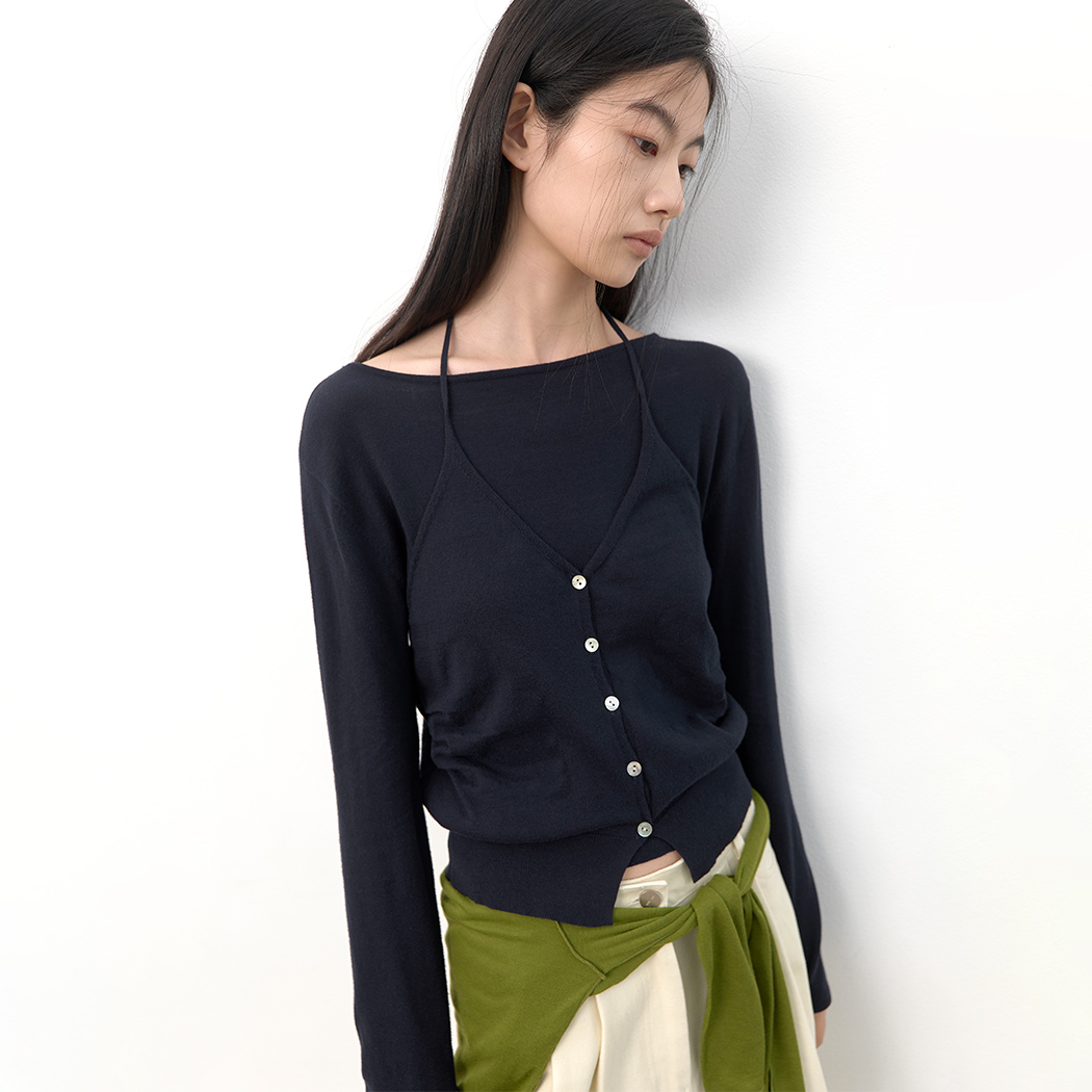 （ZT-7189）HALTER VEST LAYERD BOAT NECK KNIT