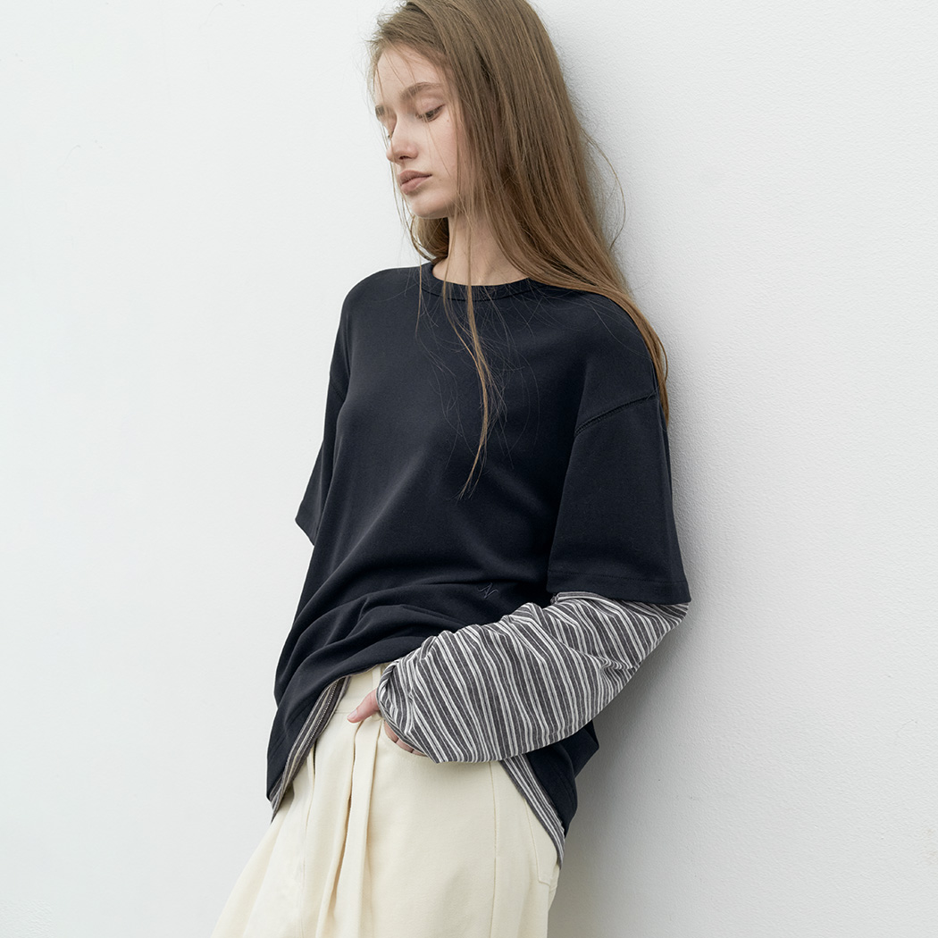 （T-7281）STRIPE LONG-SLEEVE LAYERD TEE