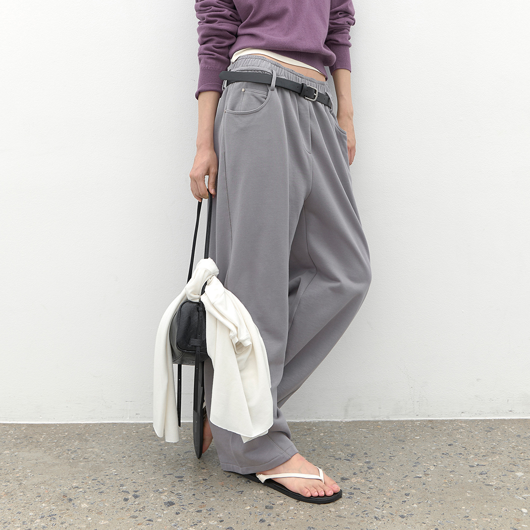 (PT-5815)CURVED JERSEY BANDING BELTED PANTS S